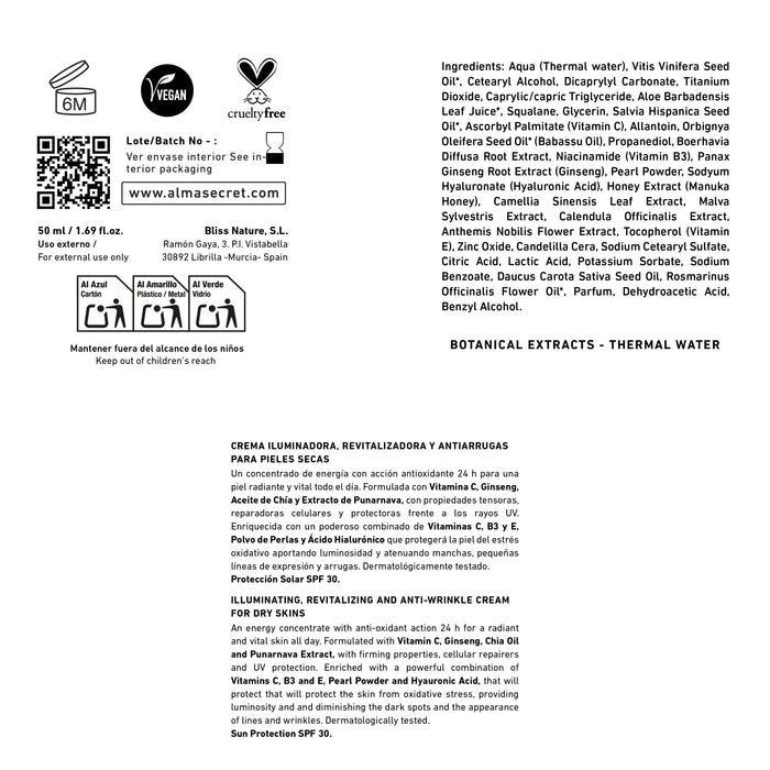 Powerful C Anti-Aging Illuminating Cream - Vitamina C, Ginseng &amp; Moringa - FPS 30 - 50 ml - Alma Secret - 3