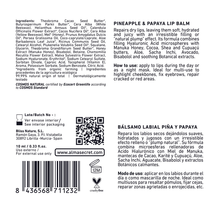 Bálsamo labial reparador - Inca Inchi &amp; Manuka Honey Pineapple &amp; Papaya - 10 ml - Alma Secret - 2