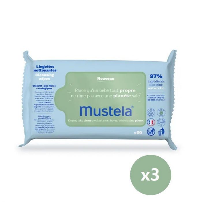 Toalhetes Ecológicos de Limpeza de Fibras Naturais - Mustela : 3x60 uds - 1