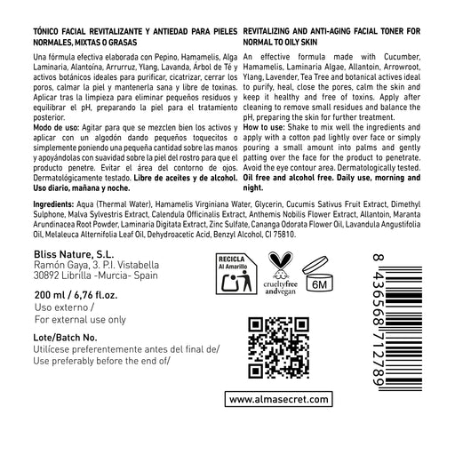 Tónico Facial Revitalizante e Anti-Envelhecimento com Pepino & Hamamélis 200 ml - Alma Secret - 2